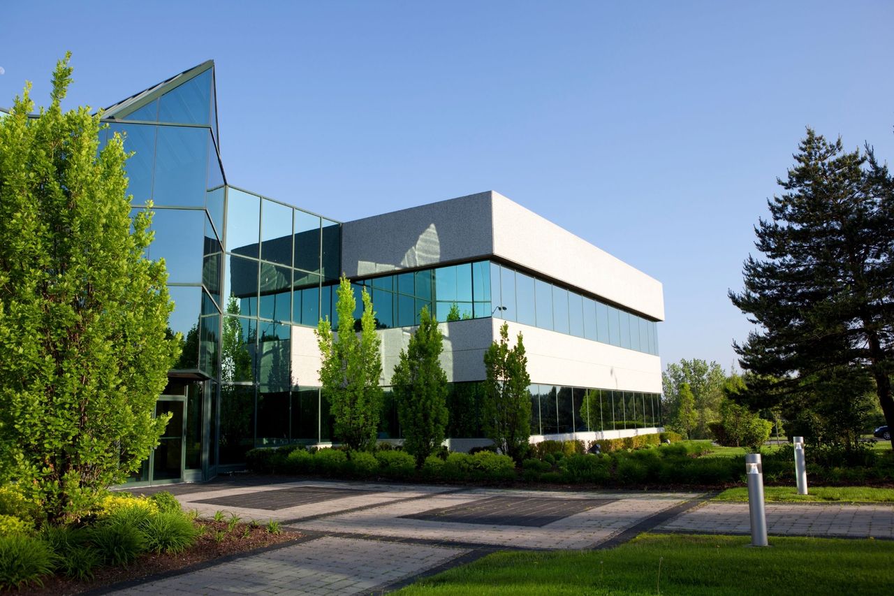 Artificial turf on the grounds of a commercial property
